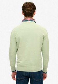 Lichtgroene sweatshirt met lange mouwen, ronde halslijn en een gestructureerde stof. Gelaagd over een geruit shirt in blauwe en rode kleuren.