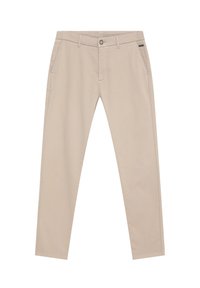 Beige Baumwoll-Chinos mit geradem Schnitt, Gürtelschlaufen, Vordertaschen und einer einzelnen Gesäßtasche. Verfügt über einen Knopfverschluss und dezente Markendetails.