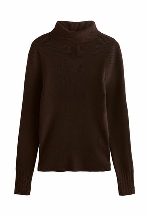 Pull à col roulé en maille côtelée marron foncé avec manches longues et détail en maille torsadée aux poignets.