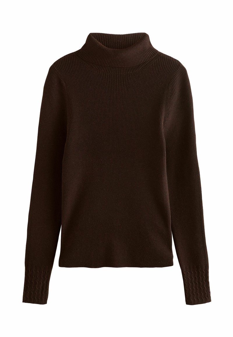 Pull à col roulé en maille côtelée marron foncé avec manches longues et détail en maille torsadée aux poignets.
