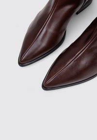 Bottes en cuir marron à cheville avec un bout pointu, un design épuré, un subtil éclat et des accents de semelle noire. Pas de matériel ou de motifs visibles.