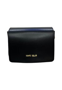Borsa a tracolla in pelle sintetica nera con chiusura a pattina e logo dorato "MARO ELLIS" sulla parte anteriore, caratterizzata da una superficie liscia e un design minimalista.