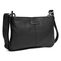 Svart läder axelväska med en texturerad yta, dragkedjestängning och avtagbar rem; har en liten logomärke på framsidan.