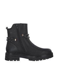 Bottines en cuir noir avec des fermetures éclair latérales, des accents de chaîne décorative, une semelle épaisse et une finition lisse. Convient à diverses occasions.