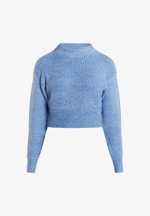 Rövidített világoskék pulóver magas nyakkal, bordázott textúrával és hosszú ujjakkal. Lazább szabása és puha anyaga jellemzi.