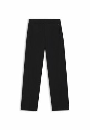 Schwarze weite Hose aus glattem Stoff, mit seitlichen Taschen und einem flachen Frontbund für einen schlanken Look.