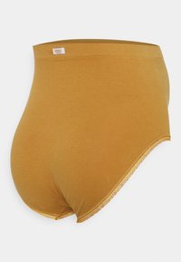 Hochgeschnittene senfgelbe Slips mit einer glatten Textur und kontrastierender Spitze am Beinausschnitt. Etikett auf dem Bund gestickt.