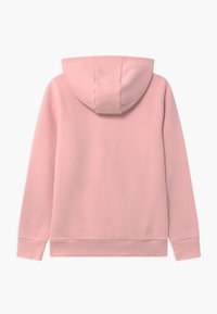 Sweat à capuche rose avec une texture douce, poche kangourou à l'avant, poignets et ourlet côtelés. Comprend un cordon de serrage dans la capuche.
