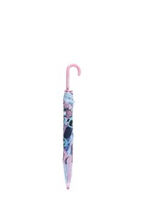 Ombrello chiuso con manico curvo rosa e tessuto blu e rosa decorato con un motivo che presenta il personaggio dei cartoni animati Stitch.
