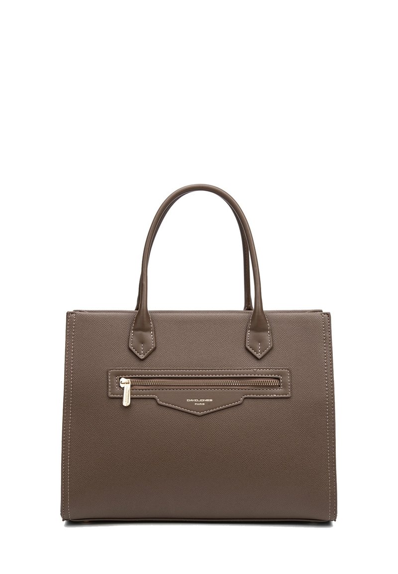 Borsa a tracolla in pelle marrone con due manici superiori, tasca frontale con zip e cuciture a contrasto. Forma rettangolare con una finitura testurizzata.