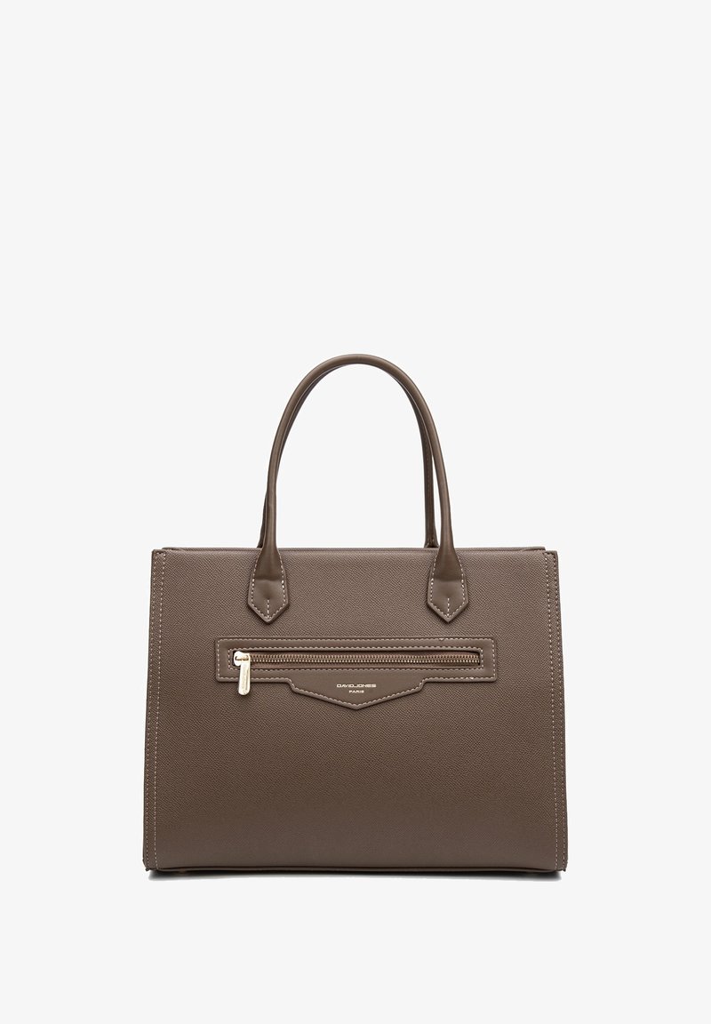 Bruin leren schoudertas met dubbele handvatten bovenaan, een ritsvak aan de voorkant en contrasterende stiksels. Rechthoekige vorm met een gestructureerde afwerking.