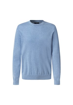 Lichtblauwe gebreide sweater met een ronde halslijn, lange mouwen en een ribgebreide zoom, met een zachte textuur en een eenvoudig ontwerp.