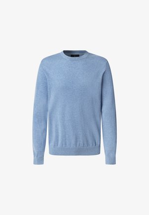 Lichtblauwe gebreide sweater met een ronde halslijn, lange mouwen en een ribgebreide zoom, met een zachte textuur en een eenvoudig ontwerp.