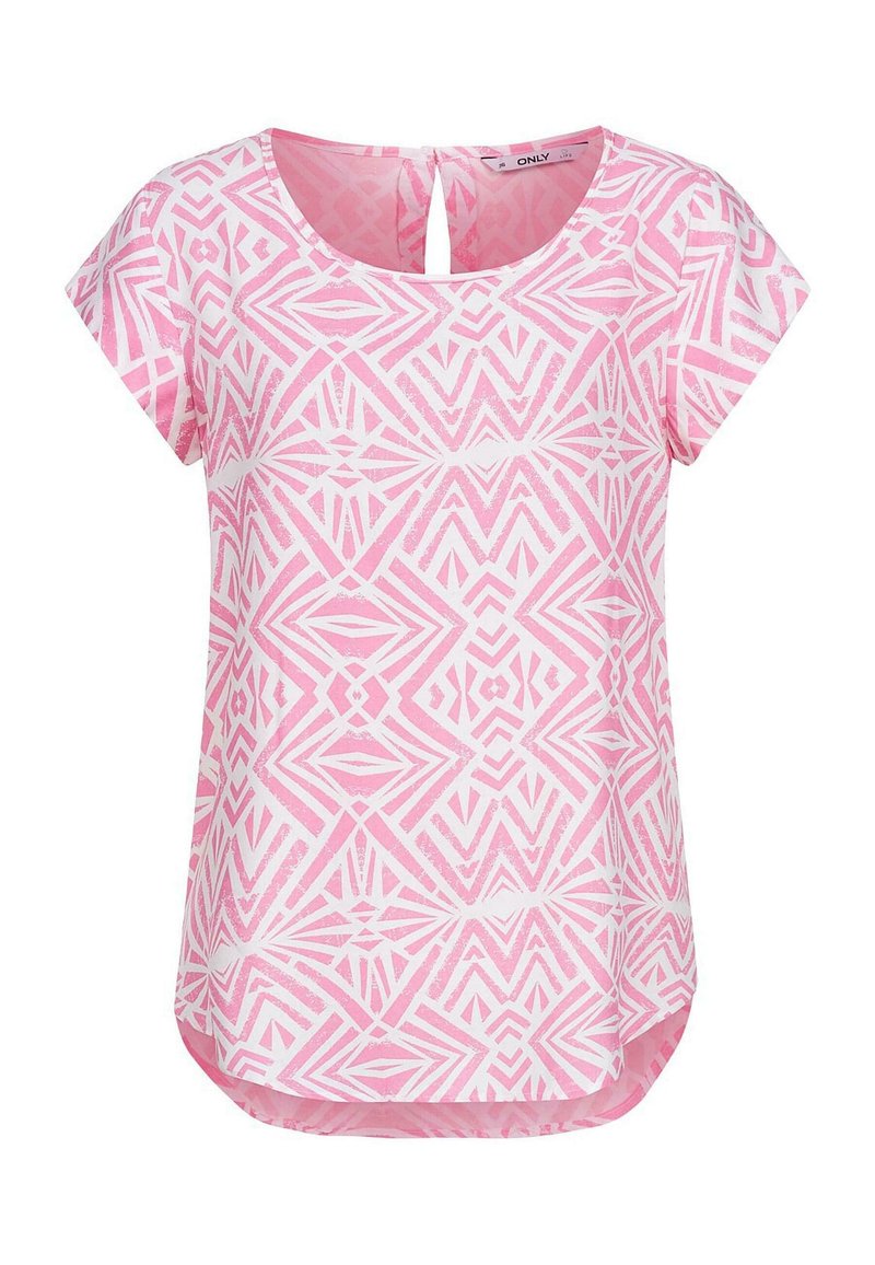 Haut rose à manches courtes avec un motif géométrique blanc, encolure ronde et un détail en trou de serrure au dos ; tissu léger, coupe décontractée.