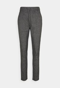 Gray plaid trousers with a drawstring waistband, tapered fit, and soft fabric. Features a subtle texture and visible stitching details.
