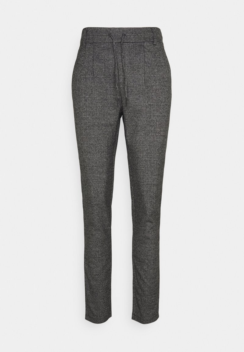 Gray plaid trousers with a drawstring waistband, tapered fit, and soft fabric. Features a subtle texture and visible stitching details.