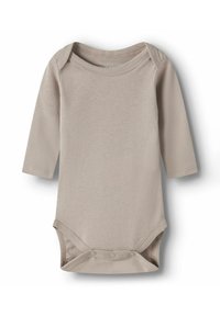 Bodysuit za dojenčke z dolgimi rokavi v svetlo bež barvi iz bombaža, z okroglim izrezom, s popki na dnu ter mehko in gladko teksturo.
