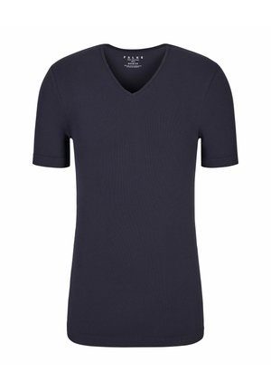Marineblaues T-Shirt mit kurzen Ärmeln und V-Ausschnitt, schlanker Passform und glatter Textur, auf weißem Hintergrund dargestellt.