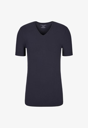 Marineblaues T-Shirt mit kurzen Ärmeln und V-Ausschnitt, schlanker Passform und glatter Textur, auf weißem Hintergrund dargestellt.