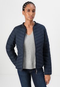 Marineblå quiltet puffer jakke med rund krage, glidelås lukking og ribbestrikket tekstur. Båret over en lys grå strikkegenser, kombinert med mørke jeans.