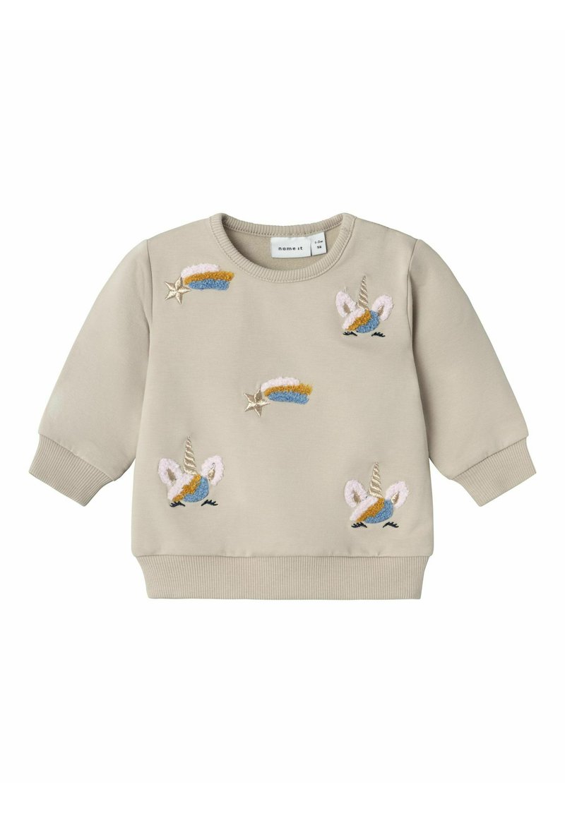 Felpa beige con colorati unicorni ricamati e stelle. Polsini e orlo a costine, tessuto morbido, design casual.