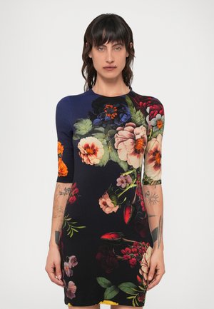 Floral-print dress featuring a fitted design, half-sleeves, dark navy background, and various colorful flowers across the fabric.