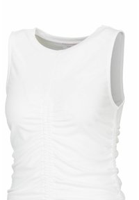 White sleeveless top featuring a scoop neckline and gathered side detailing, made from a smooth, stretchy fabric.
