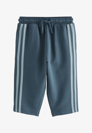Blå atletikshorts med elastisk talje, snor og to lyseblå lodrette striber på hver side.