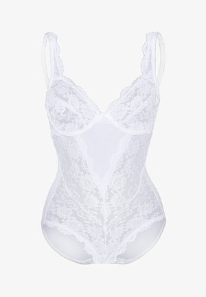 White lace bodysuit with padded cups, adjustable straps, and floral patterns. Features a V-neckline and sheer texture.