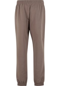 Braune Sweatpants mit einem elastischen Bund, schmal zulaufenden Beinen und gerafften Bündchen. Hergestellt aus weichem Stoff mit einer glatten Textur.