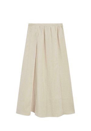 Jupe midi beige avec un pli à l'avant et une ceinture droite, réalisée dans un tissu léger.
