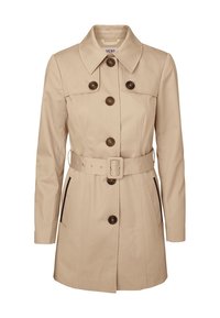 Beige trench coat vyrobený z bavlněné směsi. Má límec, dvouřadé knoflíky, boční kapsy a pás, který umožňuje úpravu velikosti.