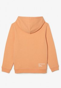 Perzikkleurige hoodie gezien vanuit de achterkant met lange mouwen en kleine witte tekst nabij de onderkant rechts die zegt "French Sportswear est. negentien drieëndertig."