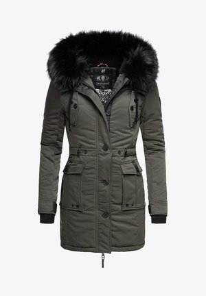 Olive green parka jacket with a black fur-lined hood, multiple front pockets, button closures, and ribbed cuffs for warmth and style.