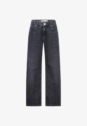 Zwarte denim jeans met hoge taille en wijde pijpen, voorzien van knoopsluiting, riemlussen en voorzakken.