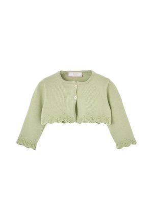 Cardigan court en tricot vert clair, manches longues, bords festonnés, petits détails floraux et deux boutons sur le devant.