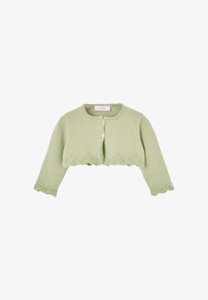 Cardigan court en tricot vert clair, manches longues, bords festonnés, petits détails floraux et deux boutons sur le devant.