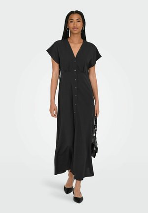 Zwart, knoopsluiting midi-jurk met een V-hals en kapmouwen. Gemaakt van lichtgewicht stof, met een lichte taille-easy.