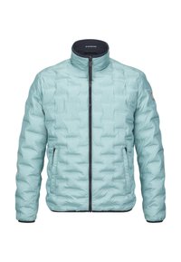 Hellblaue gesteppte Jacke mit Stehkragen, Reißverschluss vorne und Seitentaschen; verfügt über eine glatte Textur und marineblaue Akzente am Kragen und Reißverschluss.