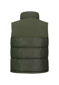 Olivgrüne Pufferweste mit hohem Kragen, die im oberen Bereich glatt und im unteren Bereich gesteppt ist. Leichtes, isoliertes Design ohne Verschlüsse.