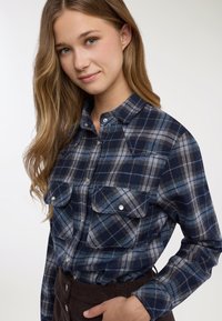 Camicia a quadri blu in flanella. Presenta due tasche sul petto, bottoni a pressione e un colletto classico. Tessuto morbido con motivo a scacchi.