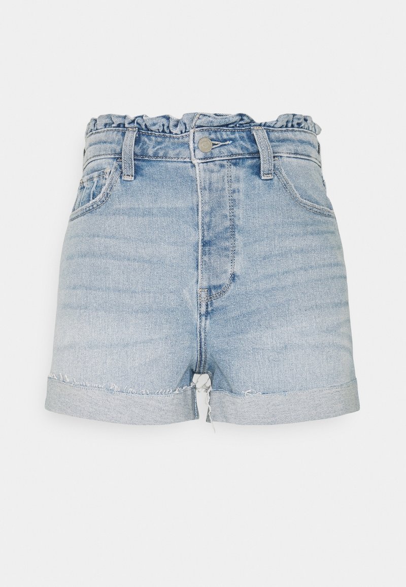 Ljusblå denimshorts med fransad nederkant, elastisk midja och framfickor. Har en knappstängning och lätt blekning.
