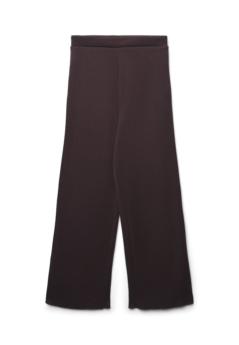 Pantaloni neri a gamba larga con un alto elastico in vita, taglio dritto dalla vita alla caviglia, esposti su uno sfondo bianco.