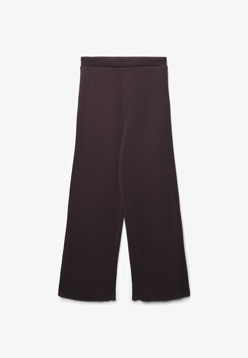 Pantaloni neri a gamba larga con un alto elastico in vita, taglio dritto dalla vita alla caviglia, esposti su uno sfondo bianco.