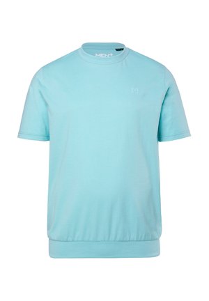 Lichtblauw T-shirt met korte mouwen, geribde zoom en ronde hals, met een subtiel "M"-logo op de linkerborst.