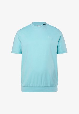 Hellblaues T-Shirt mit kurzen Ärmeln, geripptem Saum und Rundhalsausschnitt, mit dezentem "M"-Logo auf der linken Brust.