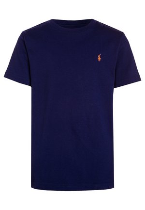 Granatowy krótki rękaw koszulki z okrągłym dekoltem i małym pomarańczowym haftowanym logo polo na lewej piersi.