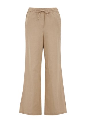 Beige Leinenhose mit weitem Bein, ausgestattet mit einem elastischen Bund und Kordelzug. Glatte Textur, geeignet für lässige Outfits.