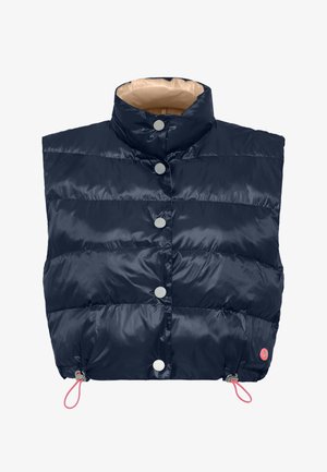 Marineblaue Steppweste mit hohem Kragen, silbernen Druckknöpfen vorne, verstellbaren pinkfarbenen Kordelzügen am Saum und hellbeigem Innenfutter am Kragen.