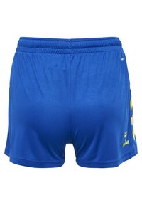 Kungablå träningstights med elastisk midja, med gula detaljer och en logo på nedre högra sidan. Slätt, lättviktigt tyg.